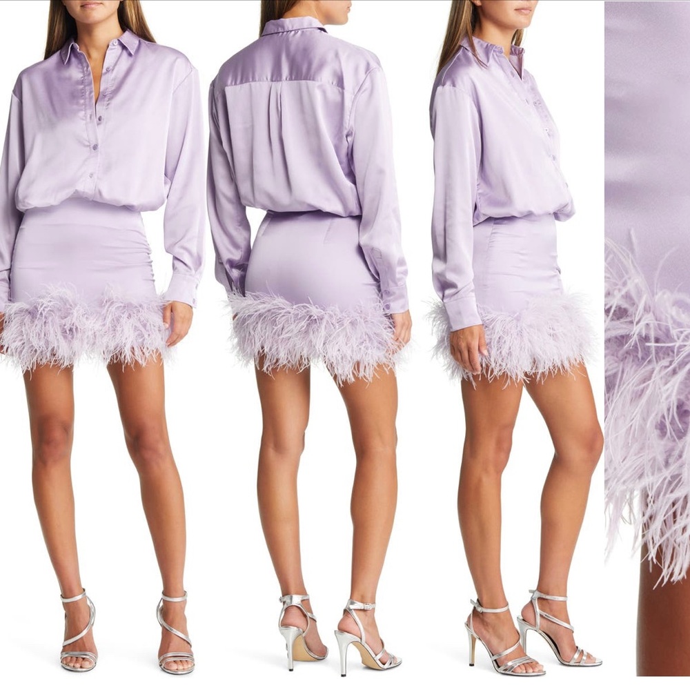 House of CB Tyra Feather Trim Long Sleeve Satin Shirt Dress